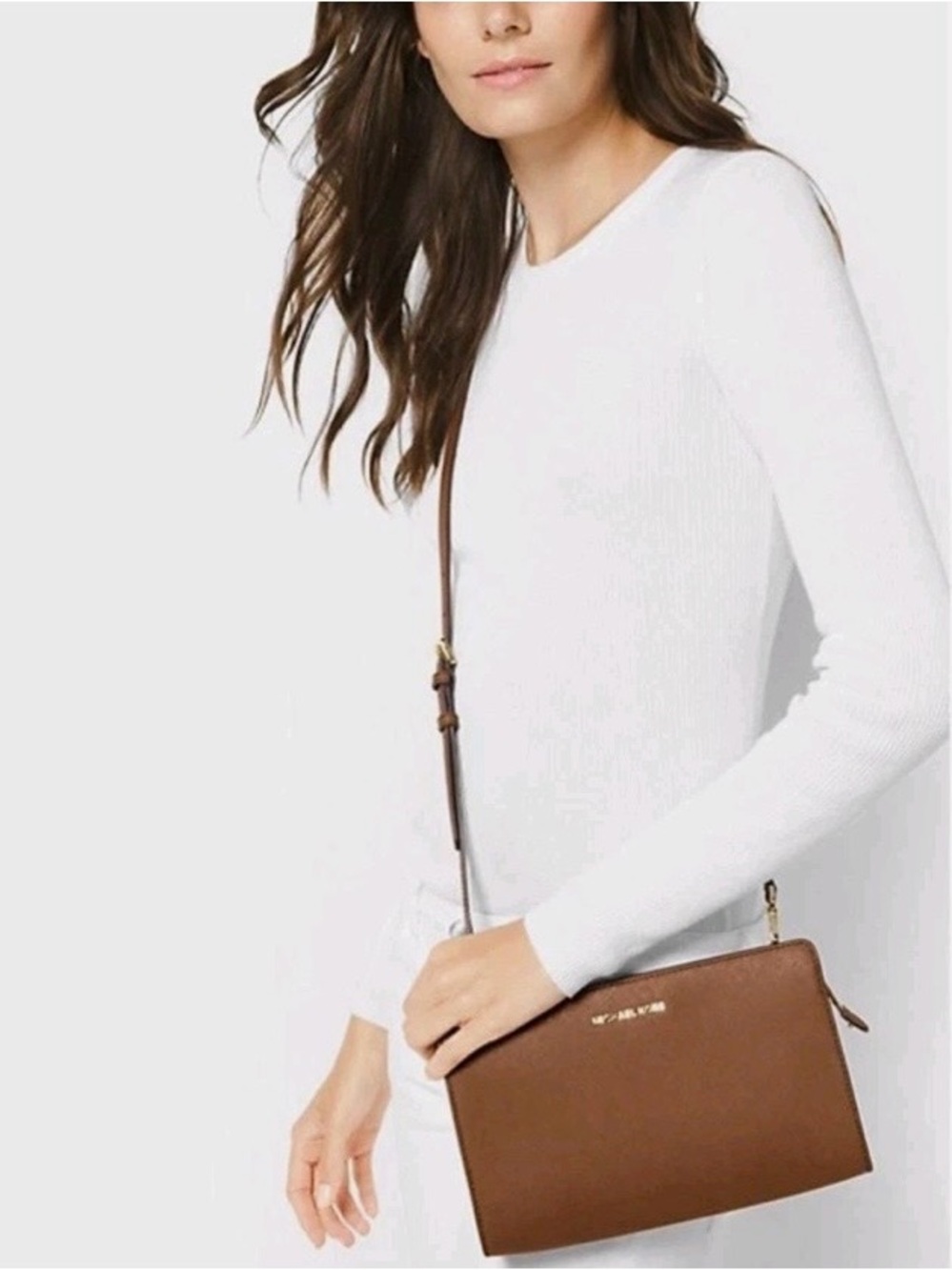 Michael Kors Jet Set Travel Crossbody Leather Clutch Bag in Color Luggage Brown